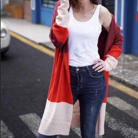Boho Color Block Oversized Pullover Cardigan RED - Picture 2 of 5